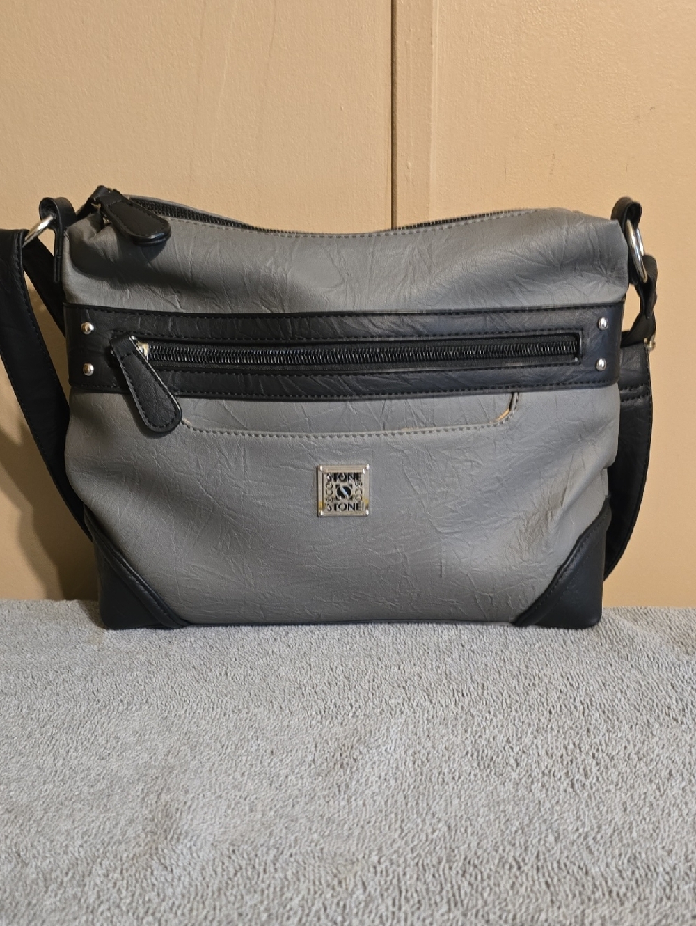 Stone & Co. Grey and Black Crossbody Bag with Front Zip Pocket